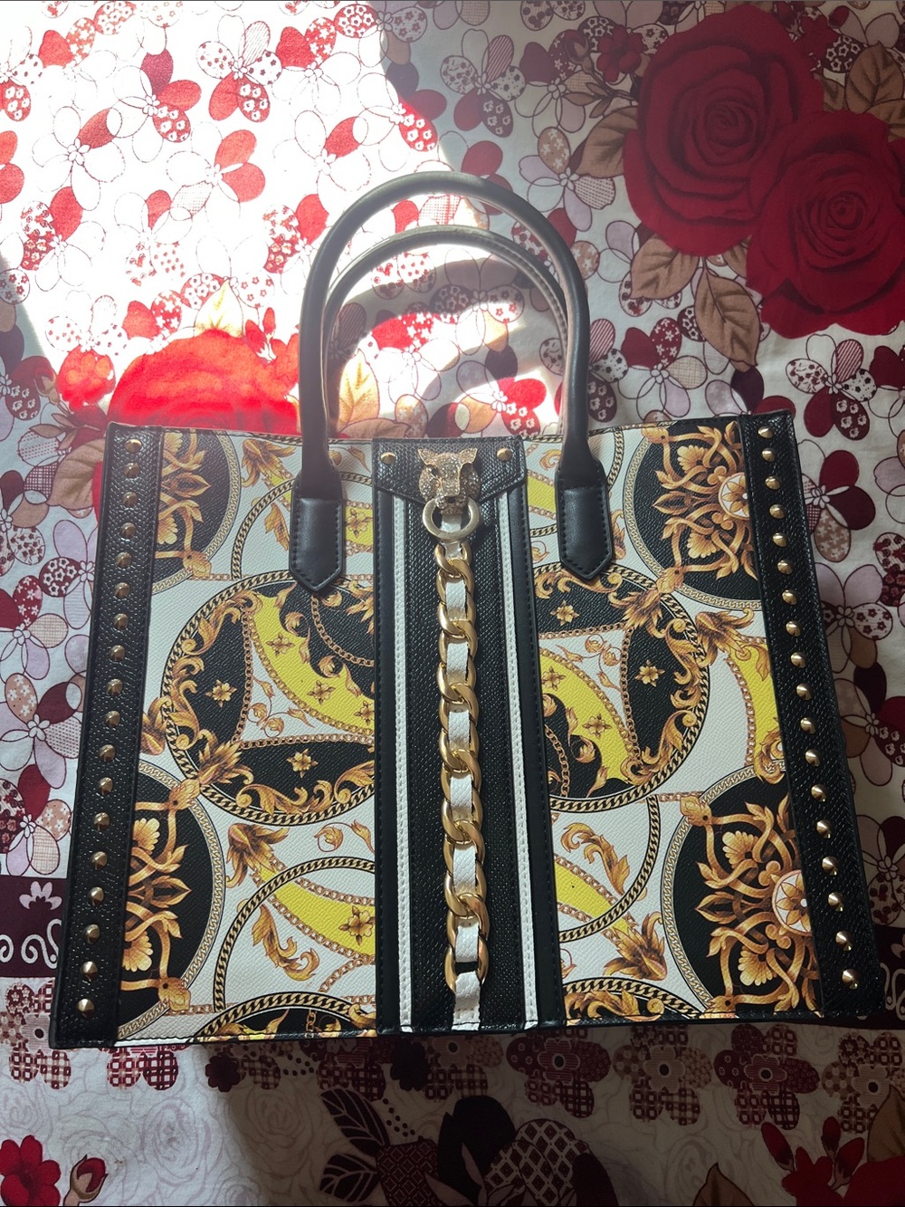 Aldo Black & Gold Baroque Chain Tote